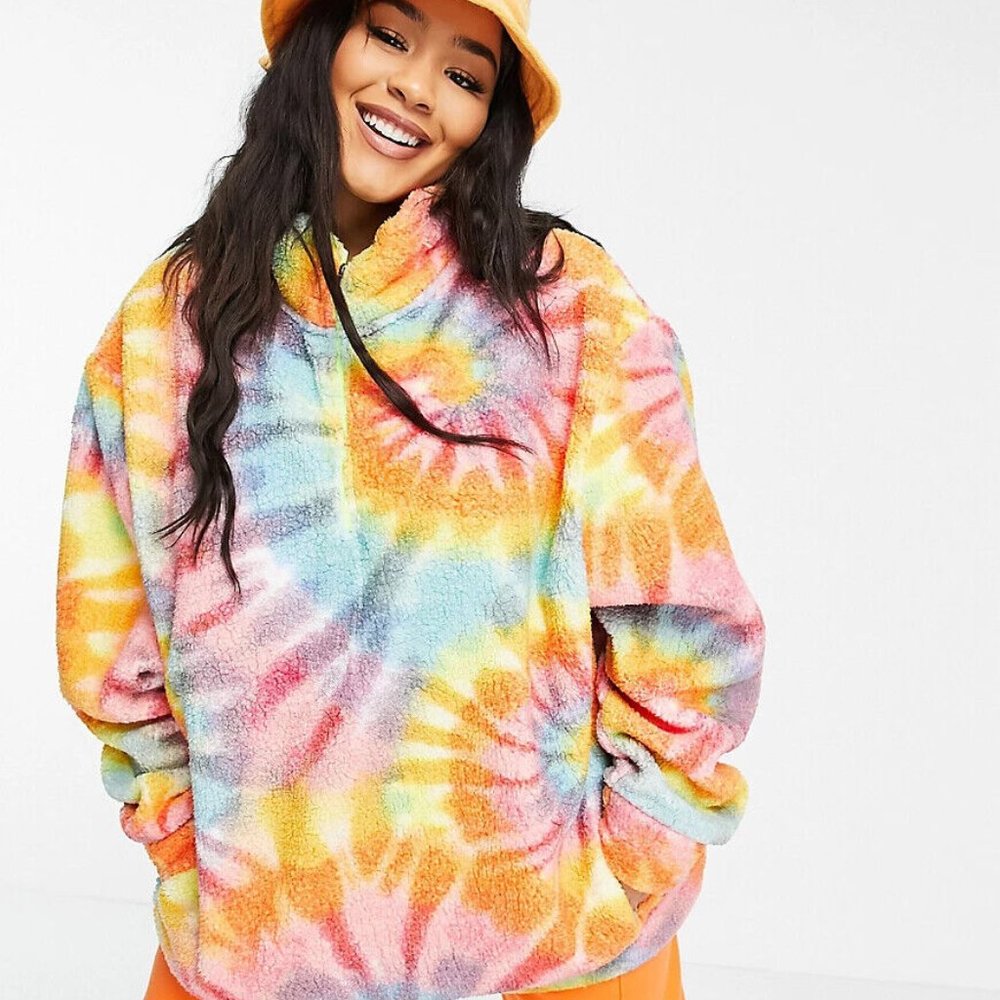NWT NEW GIRL ORDER OVERSIZED FLEECE HALF ZIP SWEAT IN TIE-DYE! Uk 10 / US 8!